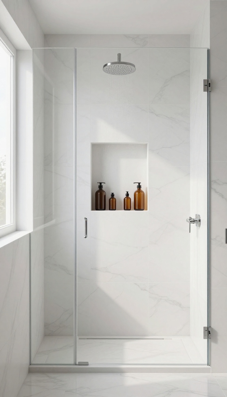 Modern shower with a built-in tiled niche holding shampoo bottles