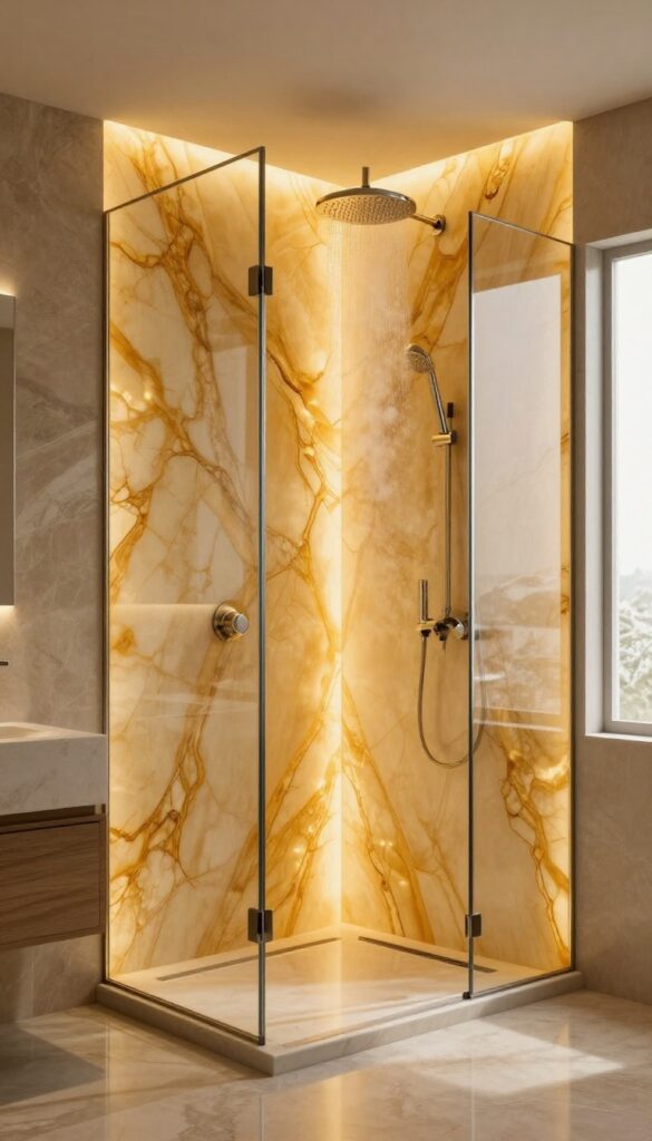 Backlit onyx panels in a shower emit a warm, radiant glow, highlighting the stone's natural veining and polished surface.