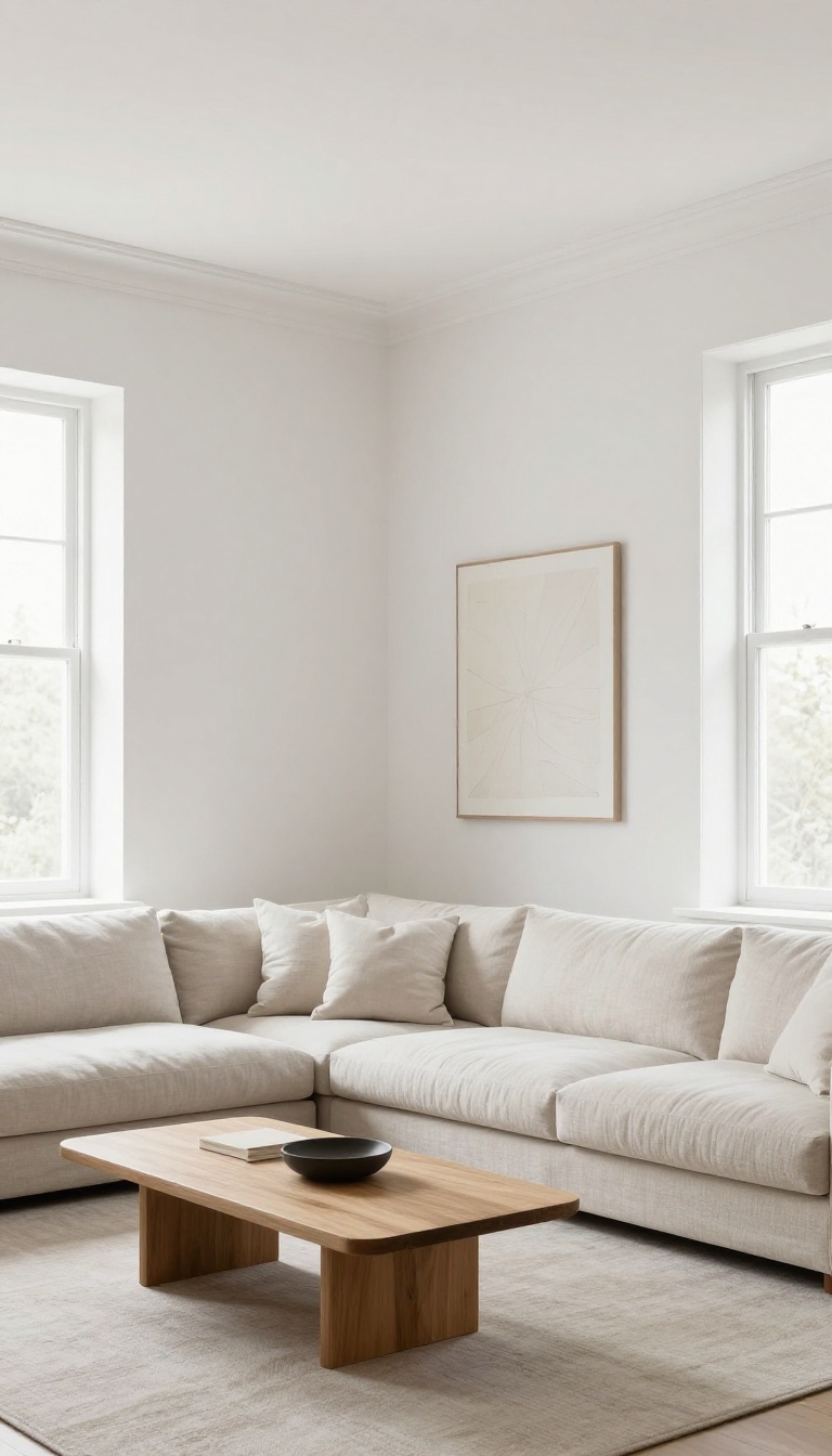 Bright minimalist living room with slim white crown molding blending into the walls and ceiling