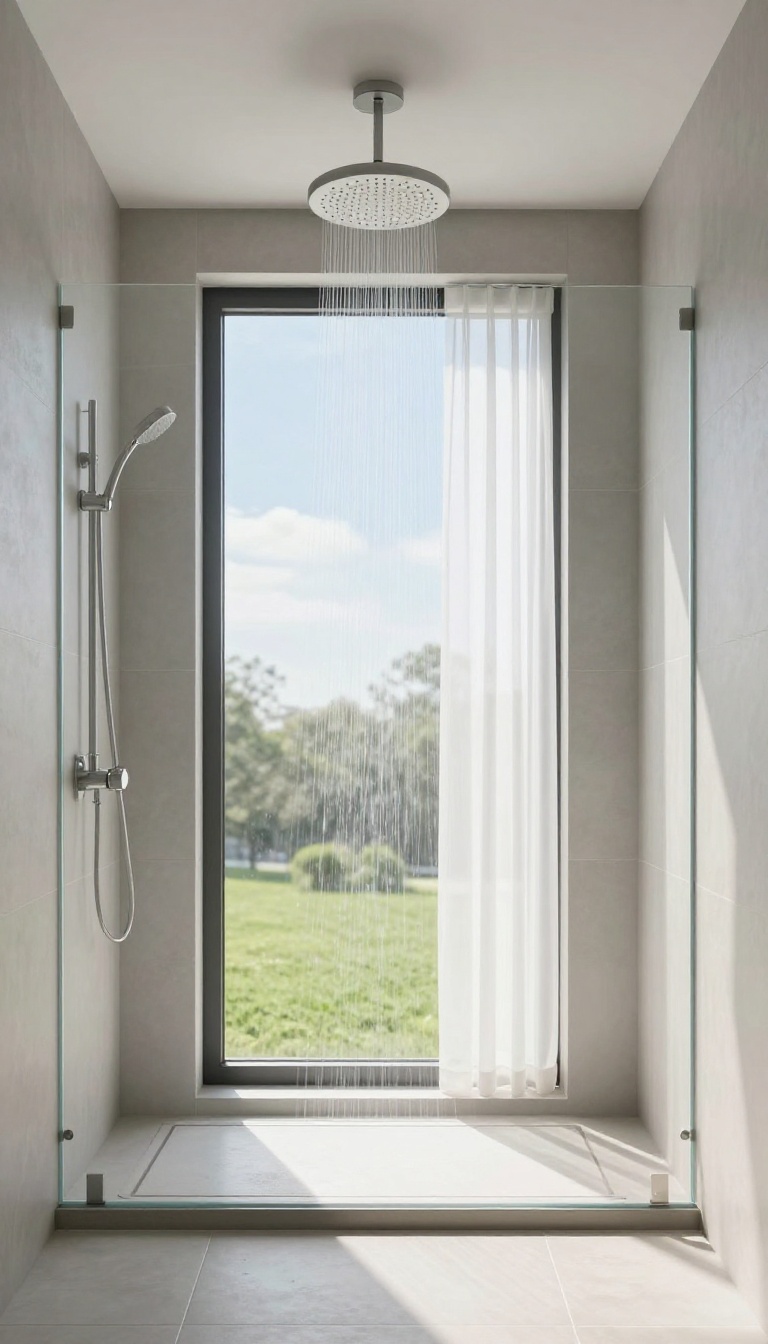 Bright basement shower with a large egress window letting in natural light