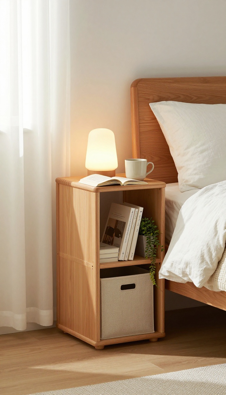Light wood cube organizer beside a bed acting as a nightstand, topped with a small lamp and book, with fabric bins in the cubbies below