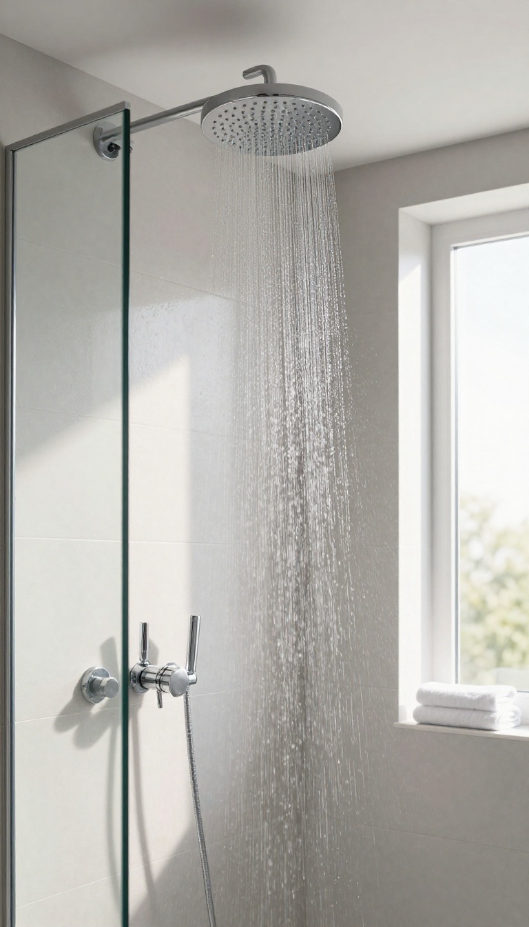 Modern bathroom shower with a ceiling-mounted round rainfall showerhead and soft natural light on clean tile