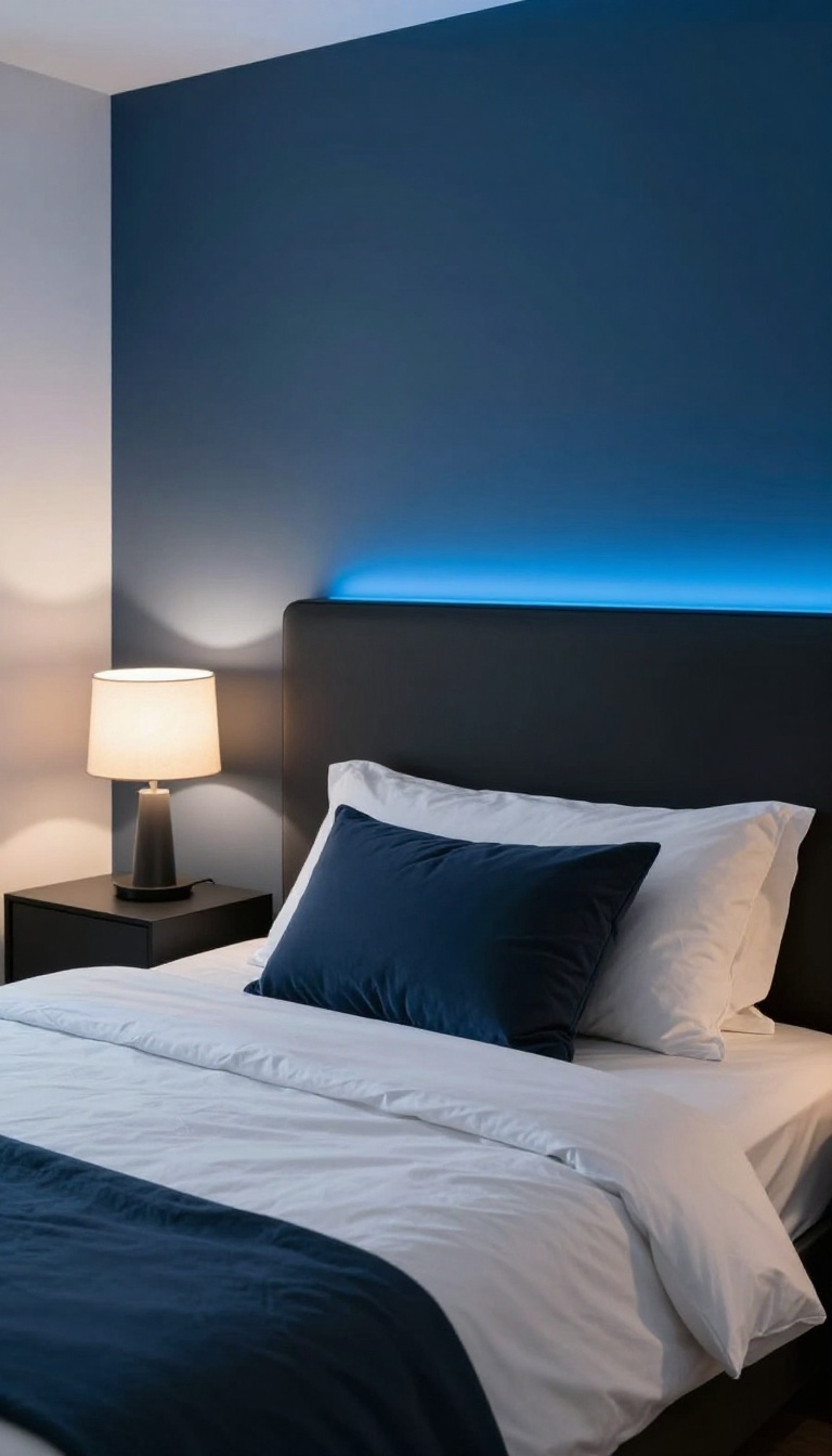 Modern bedroom with a black headboard and hidden blue LED strip lights glowing behind it, casting a floating halo of blue light on a navy wall