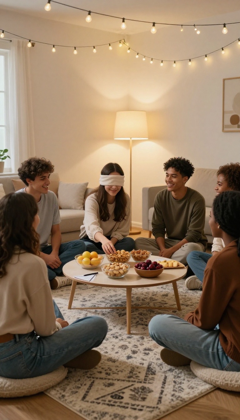 Friends laughing during a blindfolded snack tasting challenge in a cozy living room at night