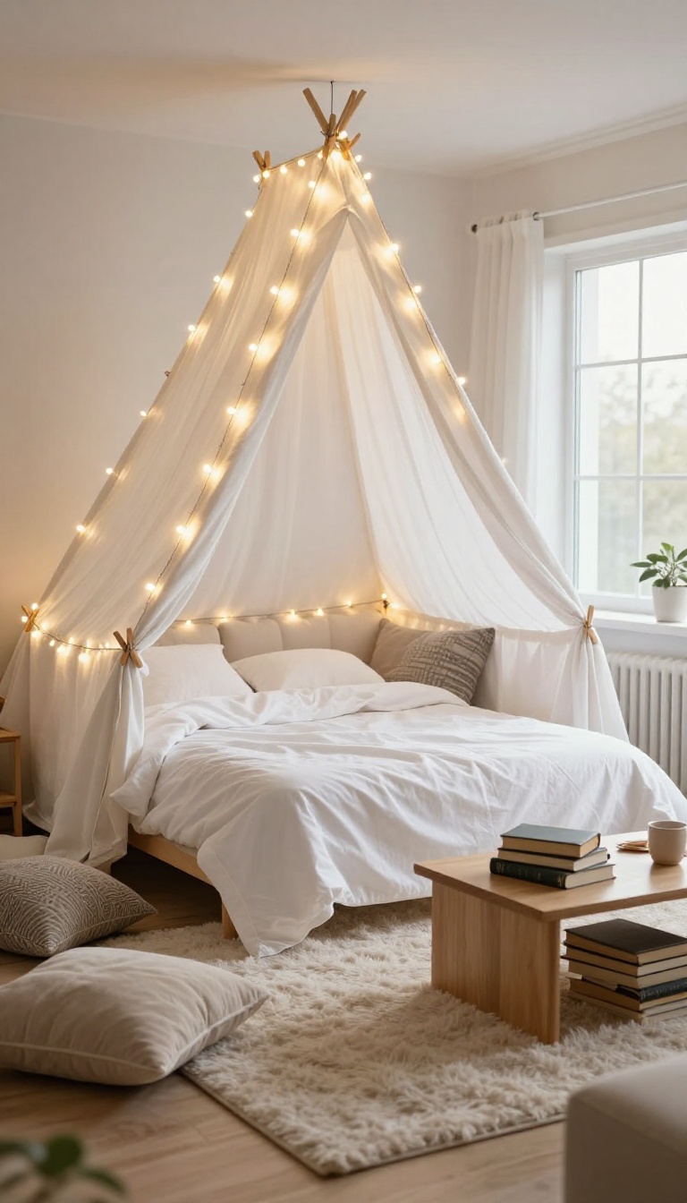 Cozy living room blanket fort palace with draped sheets, fairy lights, and layered pillows for a sleepover night