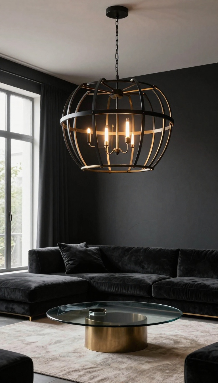 Modern black living room with a sculptural open-frame geometric chandelier hanging above a dark sofa and coffee table, illuminated by bright natural light.