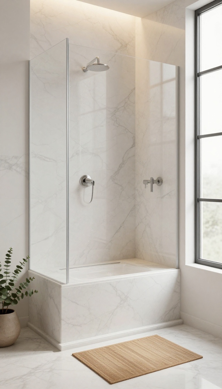 Modern walk-in shower with a built-in marble stone perch bench extending seamlessly from the wall