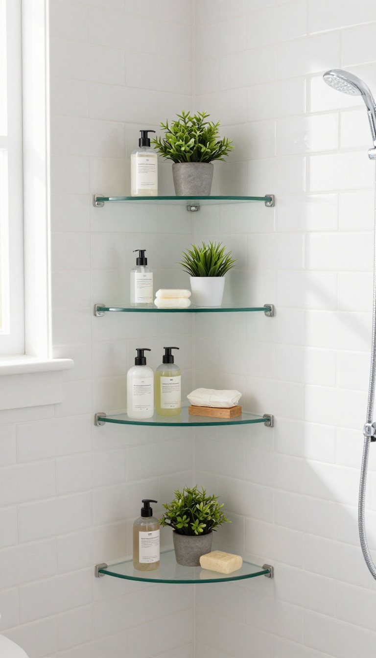 Bright quadrant shower room with corner glass shelves and a recessed niche holding neatly arranged toiletries