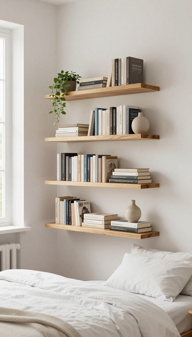 Staggered floating wooden shelves above a bed holding books and a small plant in a bright bedroom