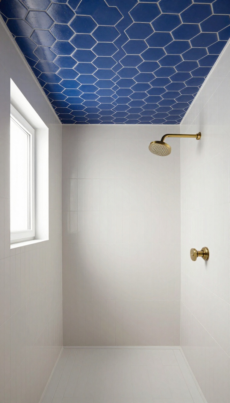 Modern shower with a fully tiled deep blue hexagon ceiling catching bright natural light above a brass showerhead