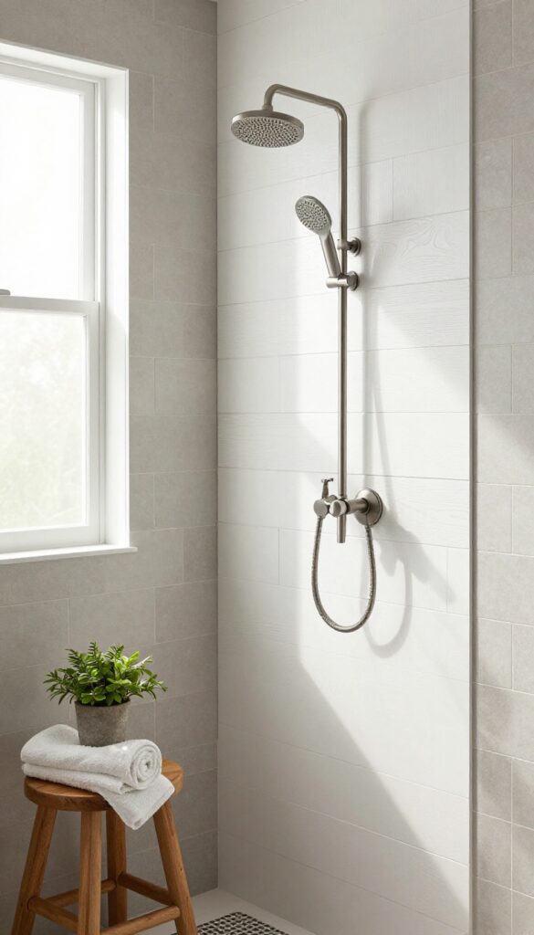 Modern farmhouse shower with white waterproof shiplap accent wall, rainfall showerhead, and natural light.