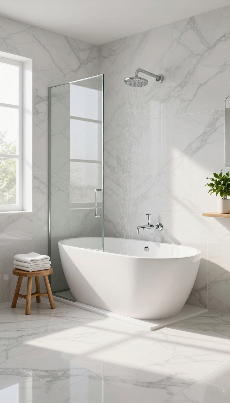 Large-format marble-look ceramic tiles in a bathtub shower surround, showcasing an elegant, budget-friendly bathroom design.