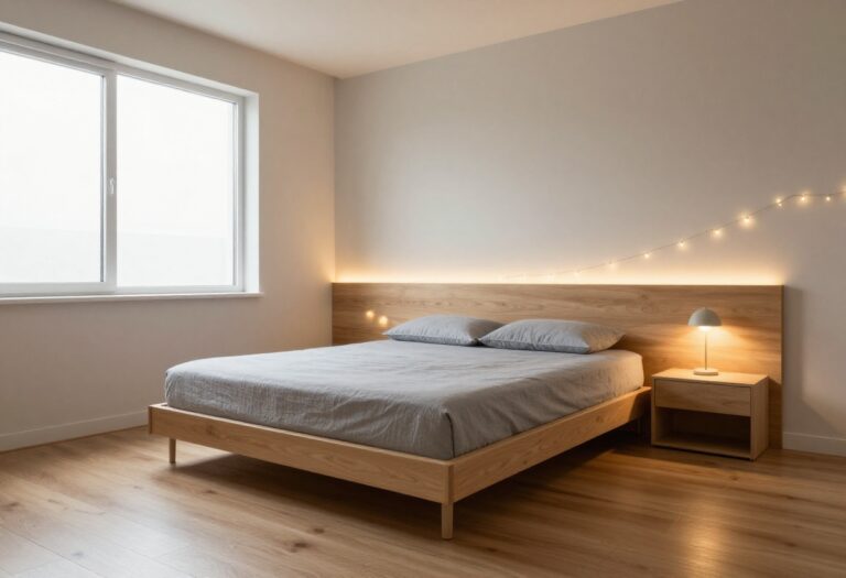 Modern bedroom with warm LED strip lights behind the headboard and fairy lights on the wall, creating a cozy atmosphere.