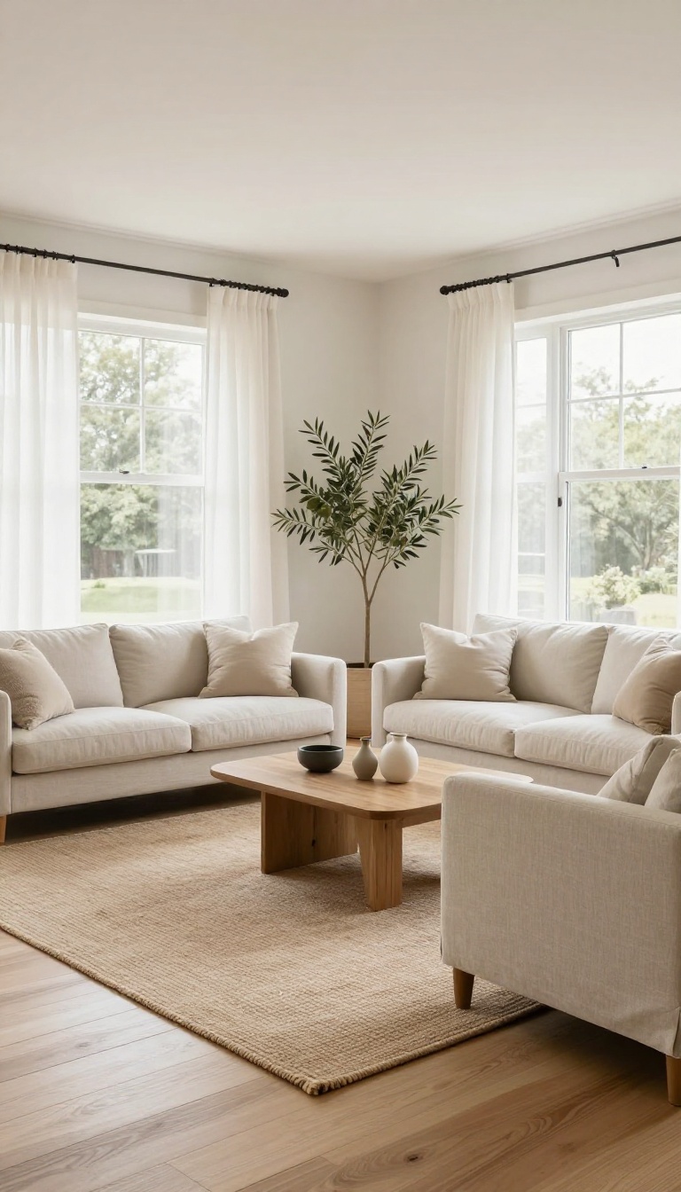 Bright open plan living room with continuous light oak flooring flowing from kitchen to lounge, with rugs defining seating and dining zones
