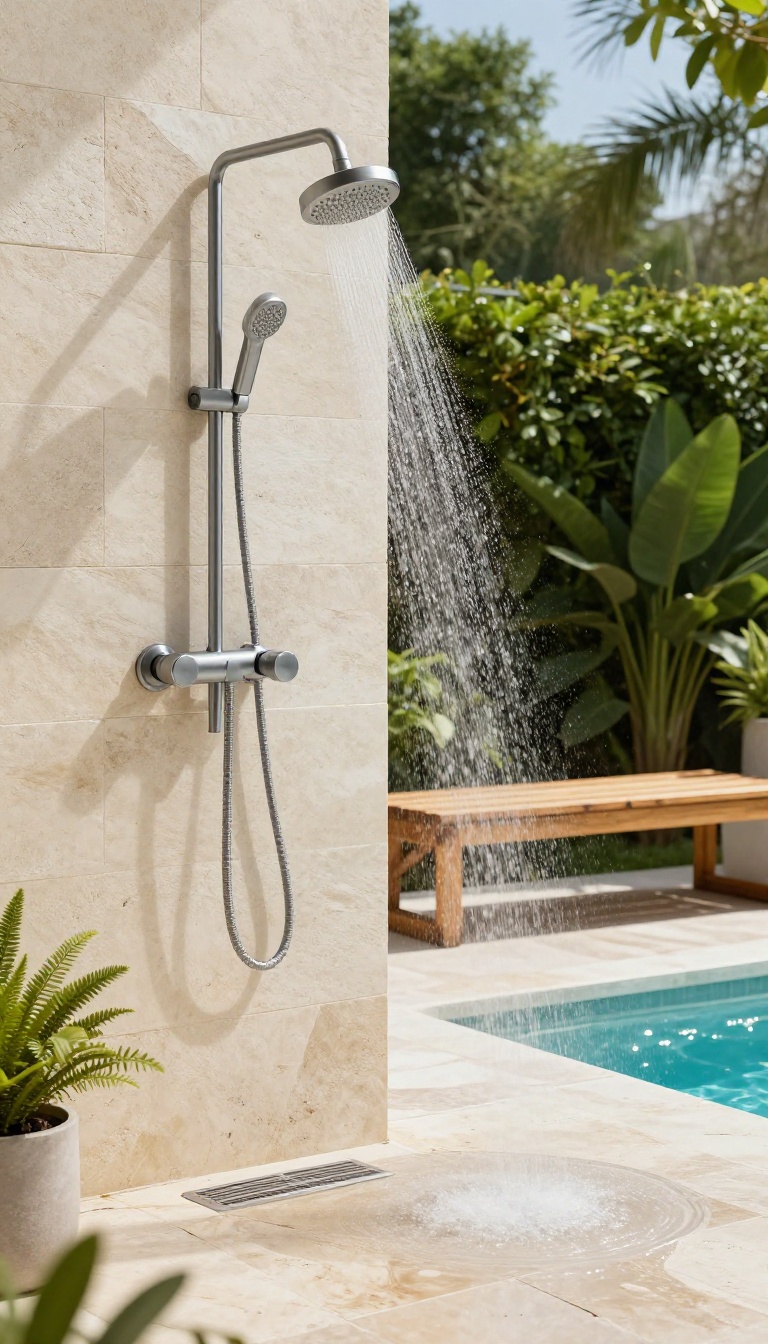 Outdoor pool shower with a modern mixing valve for temperature control