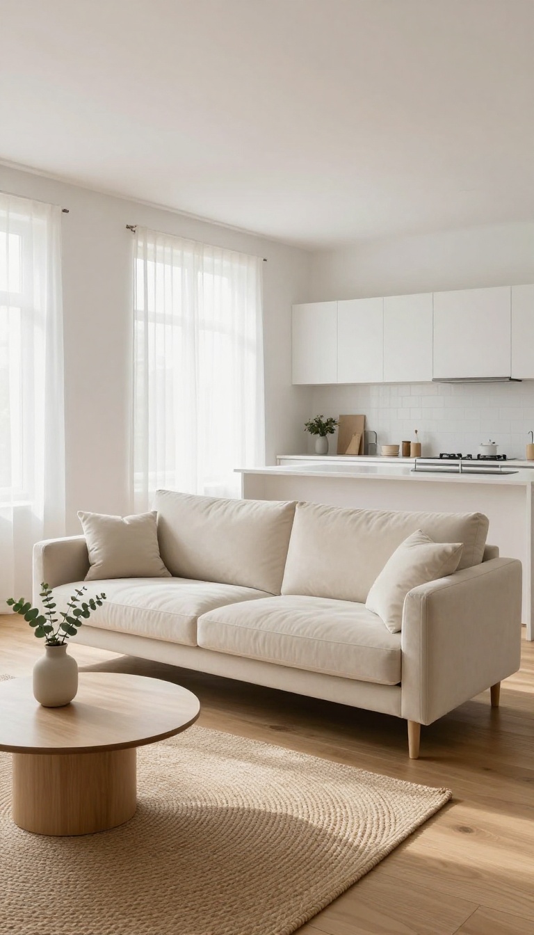 Bright small open-plan living room with a slim backless cream sofa floating between the seating area and a white kitchen island