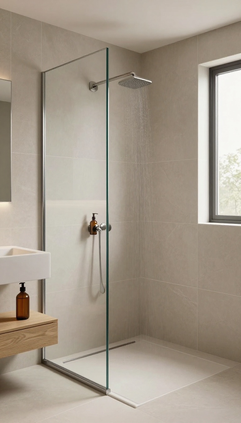 Modern walk-in shower covered in large-format greige porcelain tiles with a frameless glass panel, rainfall shower head, and bright natural light