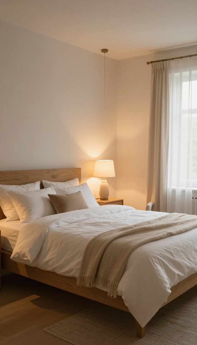 Cozy classic bedroom glowing with warm layered lighting from table lamps, a floor lamp, and a dimmable pendant above the bed