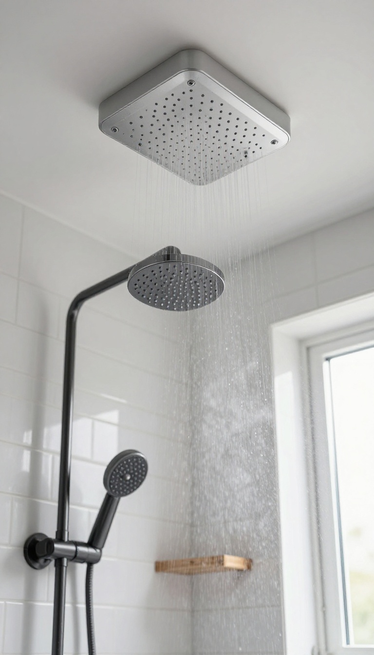 Moisture-rated wet-rated ceiling light glowing steadily above a steamy glass shower in a bright modern bathroom with white tile and black fixtures