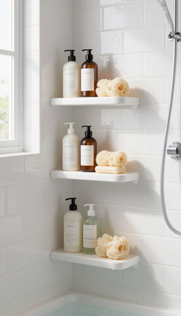 Three-tier white corner shower shelves holding shampoo, conditioner, soap, and a loofah in a bright tiled bathroom corner