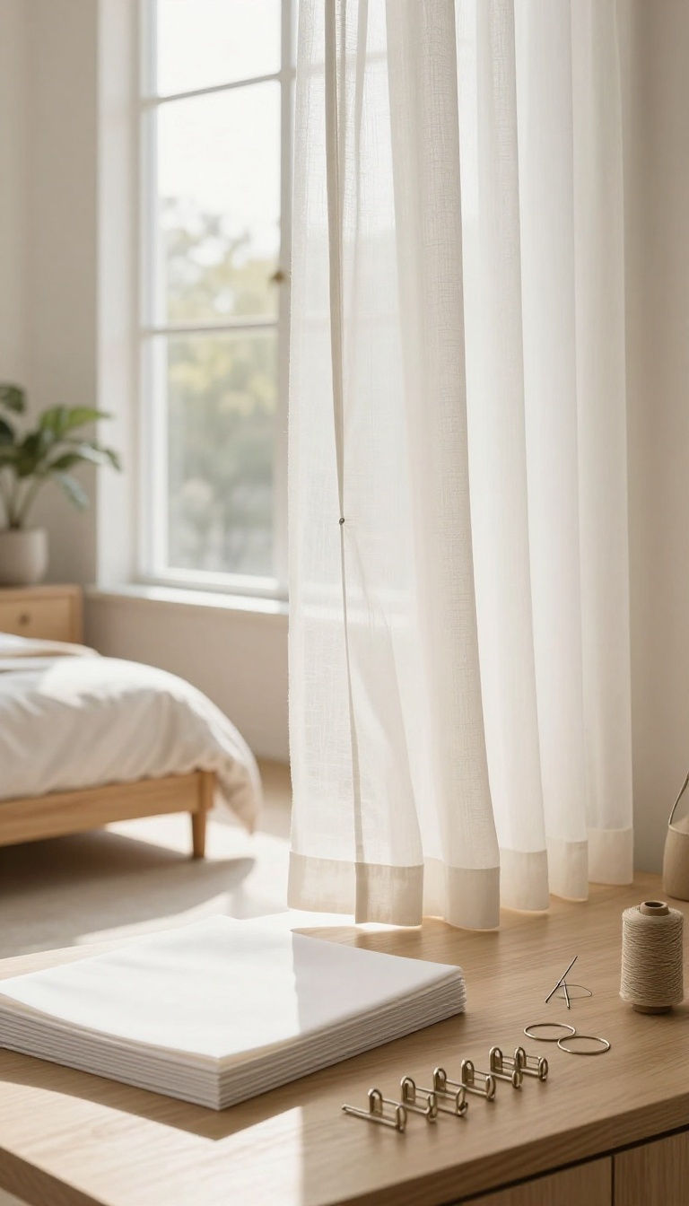 DIY blackout liner fabric and curtain clips on a table beside layered curtains in a bright bedroom