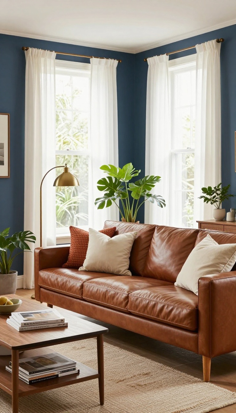 Living room with muted navy blue walls and brown leather furniture in warm natural light