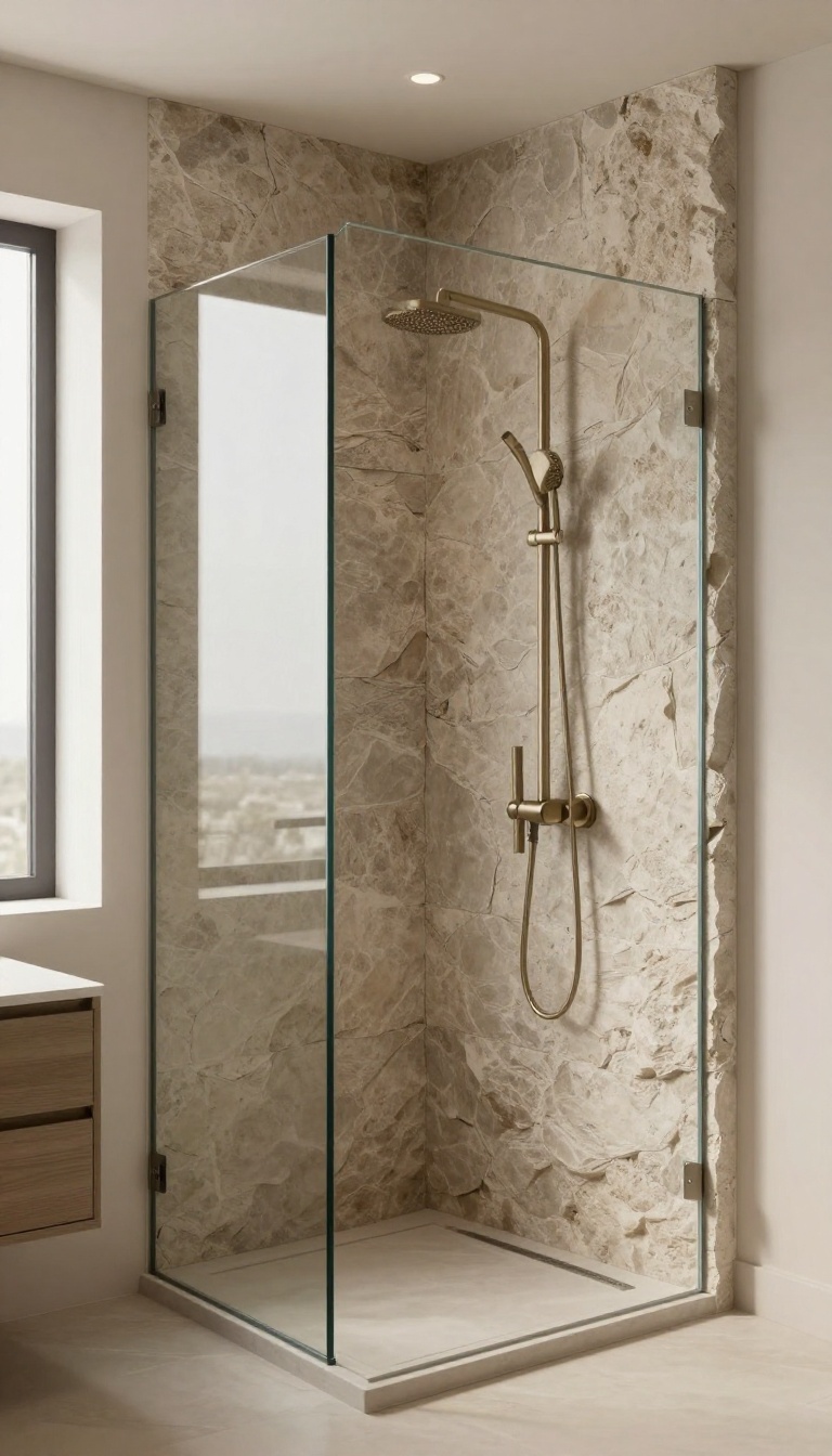 Bathroom shower with a knee wall covered in textured stacked stone and a frameless glass panel above it, lit by bright natural light