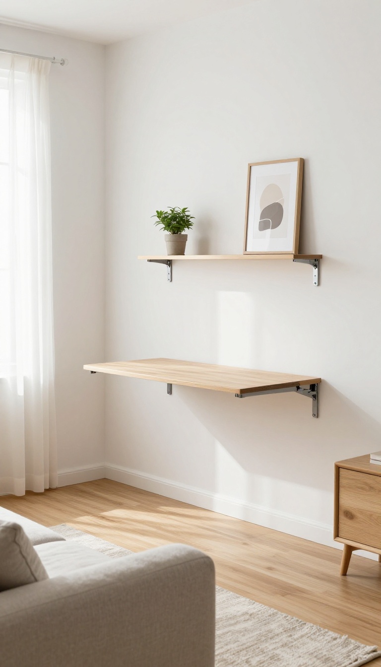 Bright small living room with a wall-mounted fold-down desk folded flat against the wall above a light wood floor