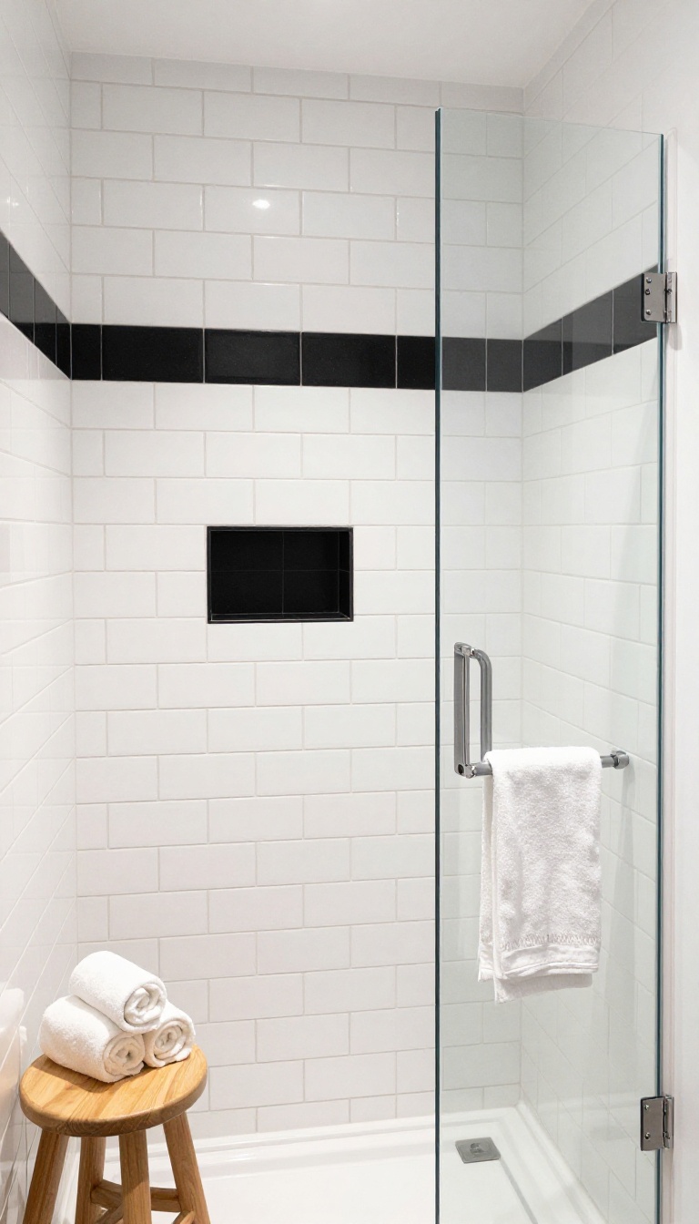 Modern bathroom shower with white subway tile, a black tile niche, and a black accent stripe