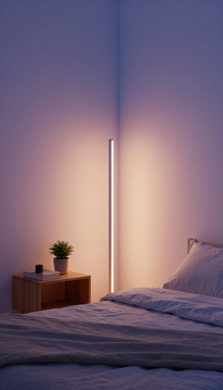 Modern bedroom corner with a tall color-changing LED floor lamp glowing magenta and blue beside a neatly made bed