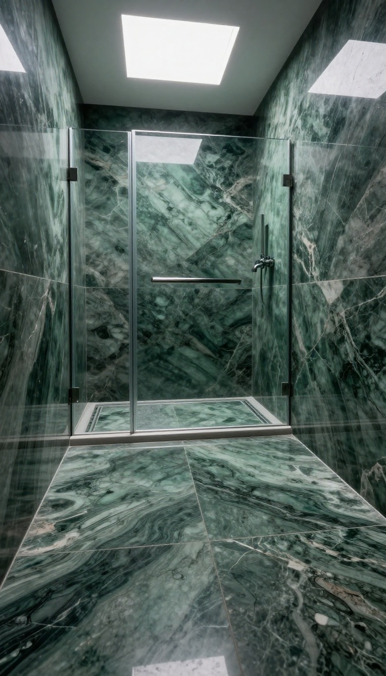 Walk-in shower with large-format onyx floor and linear drain, creating a seamless, spacious look