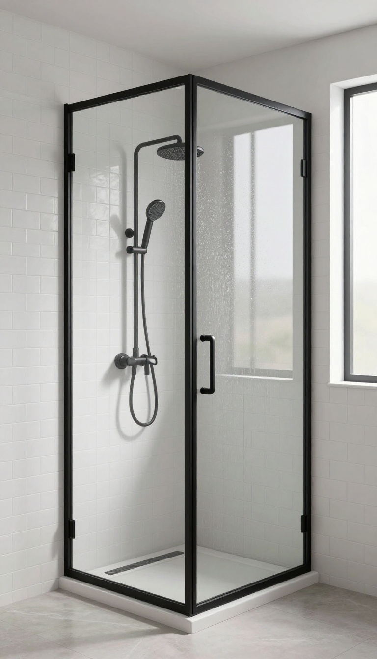 Black-framed glass shower door in a bright bathroom with white subway tiles and matte black fixtures.