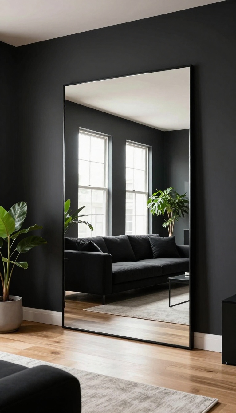 Modern black living room with a large rectangular mirror hung opposite a bright window, reflecting natural light and making the dark space feel open and airy