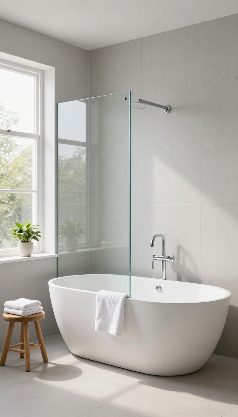 Small bathroom with a freestanding tub and a fixed glass panel instead of a shower curtain, creating an open and airy feel.