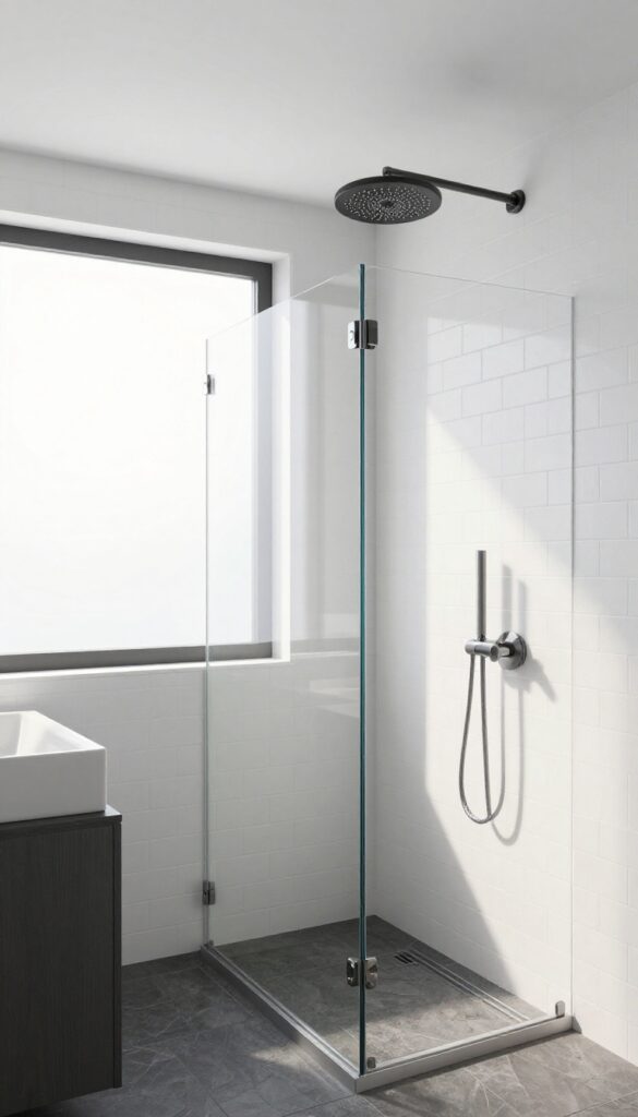 Modern bathroom with matte black rainfall showerhead and white subway tile