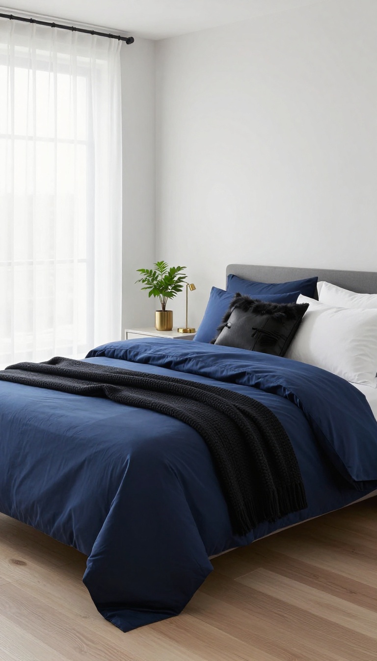 Modern bedroom with layered blue bedding, a cobalt duvet, black leather and faux fur throw pillows, and a black knit blanket folded at the foot of the bed in bright natural light.