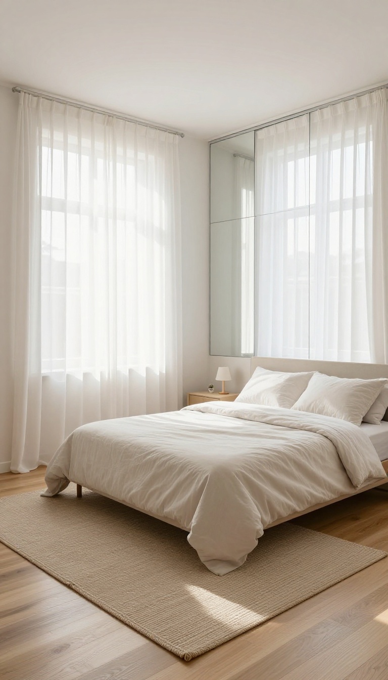 Small square bedroom with a mirrored sliding-door wardrobe reflecting natural light to make the space feel bigger and brighter