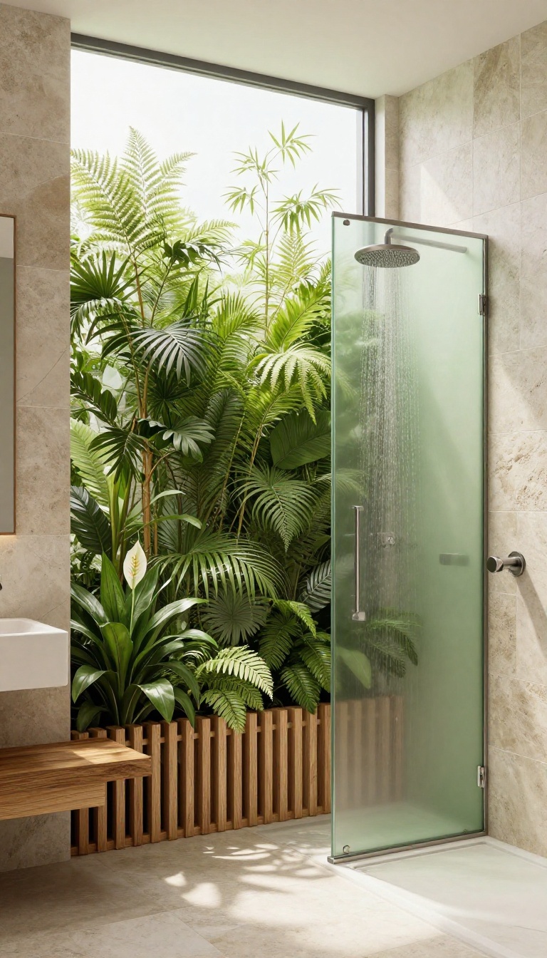 Modern bathroom with a lush plant partition separating the shower area, featuring ferns, bamboo, and peace lilies in a wooden planter wall.