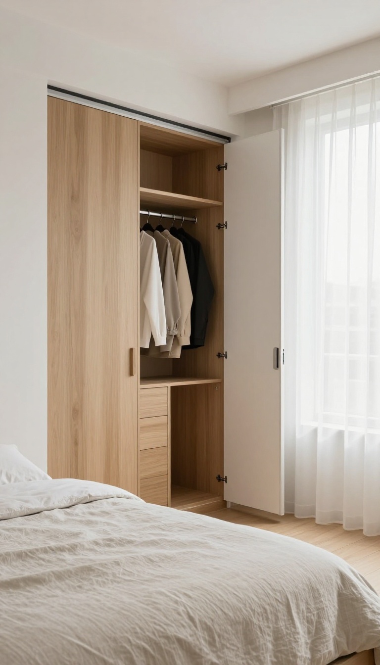Bright small bedroom with a modern built-in wardrobe with sliding doors that save floor space