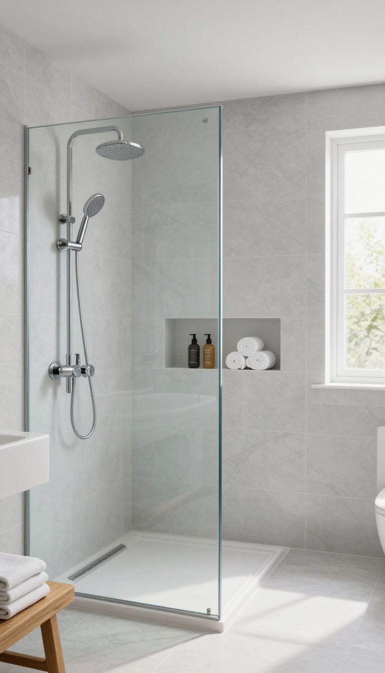 Bright modern double shower with two rainfall shower heads, glass partition, and central niche in a spacious family bathroom