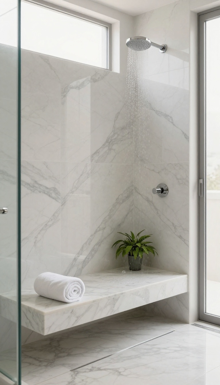 Floating marble bench inside a bright walk-in shower with veined stone walls and a rainfall showerhead