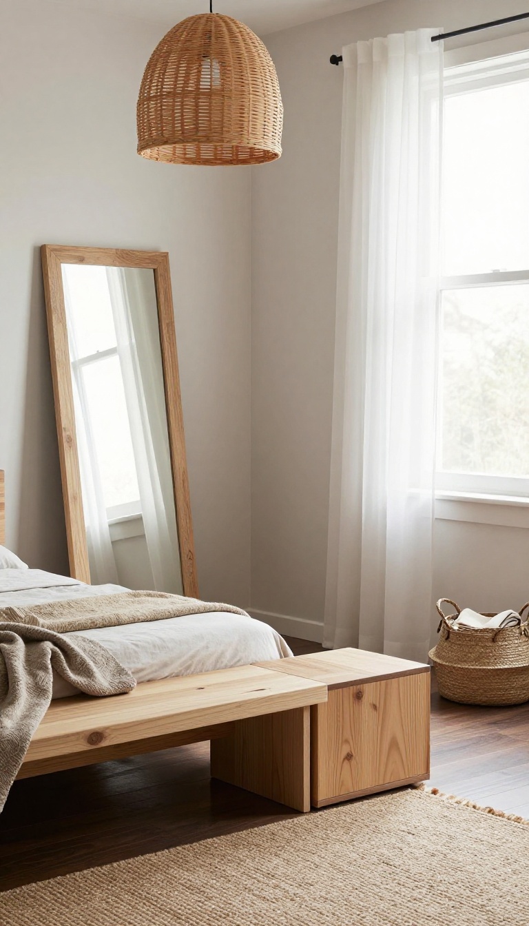 Cozy bedroom with dark wood floors styled with a light oak nightstand, ash bench, rattan pendant, jute rug, and a pale wood mirror to mix natural wood tones.