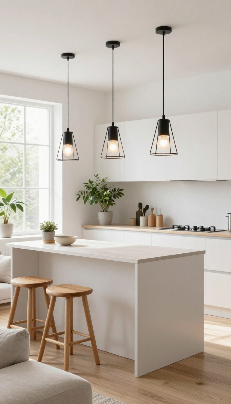 Three slim black cage pendant lights hanging above a small kitchen peninsula, creating a warm zone between the kitchen and living room in a bright open-plan apartment