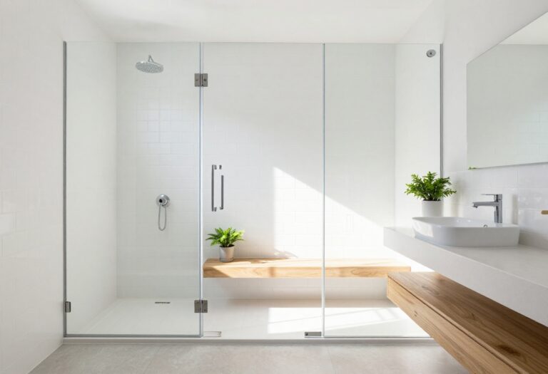 Modern small bathroom with a glass standing shower and white subway tiles