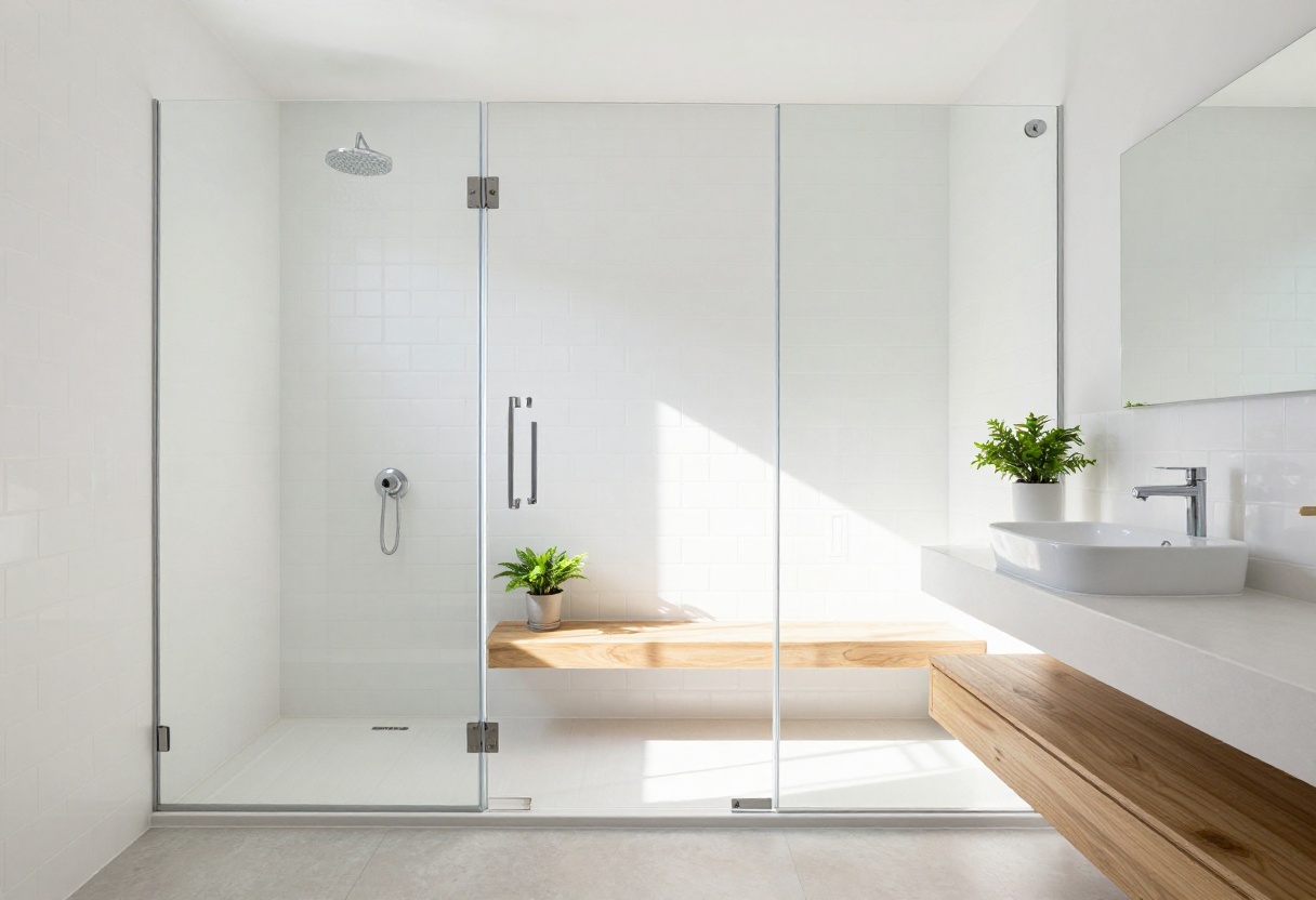 Modern small bathroom with a glass standing shower and white subway tiles