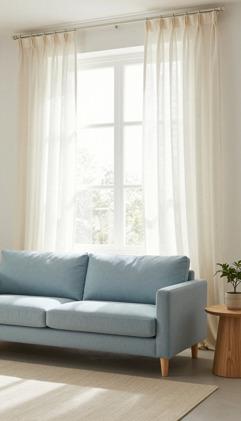 Light blue couch in a bright living room with floor-length sheer ivory curtains diffusing soft daylight across the space