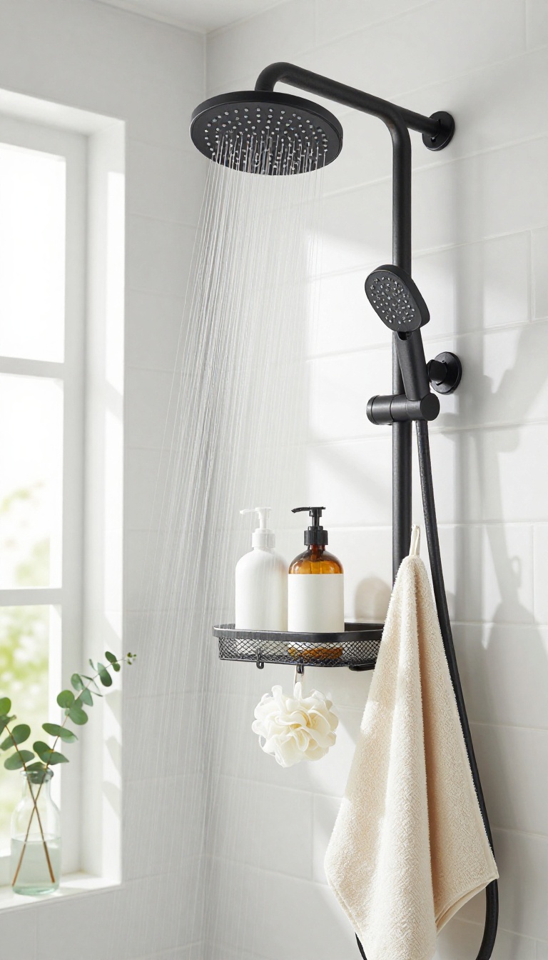 Hanging shower organizer with hooks holding loofah and washcloths in a bright, clean bathroom
