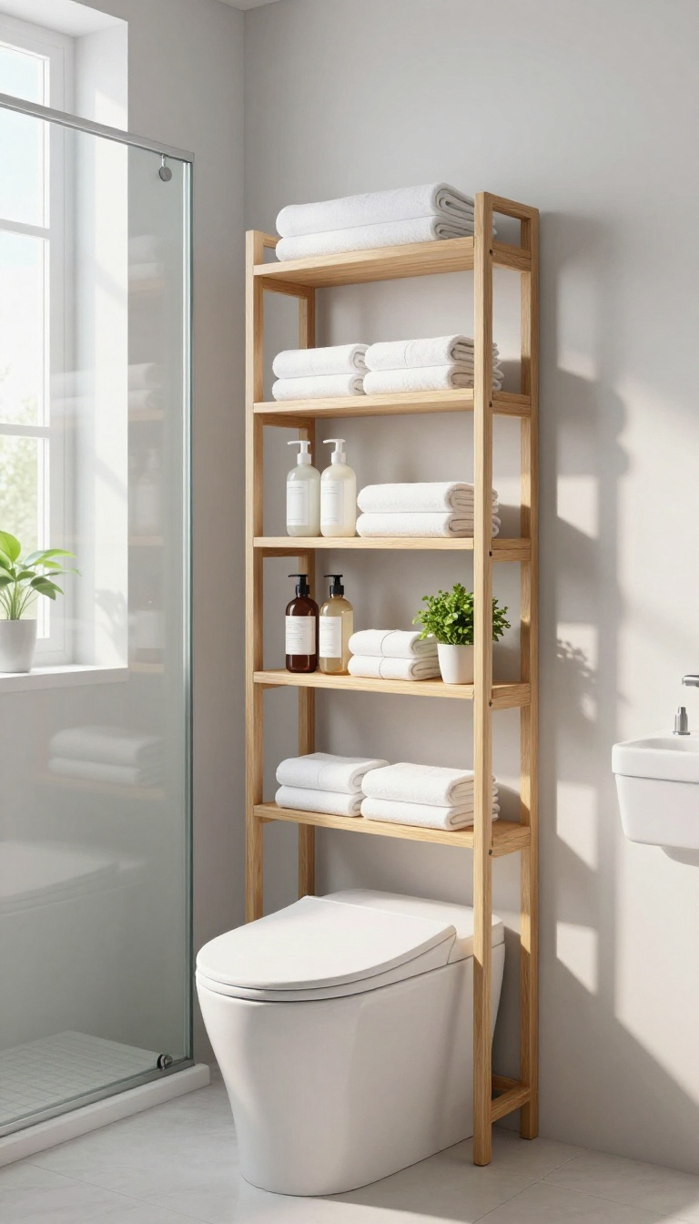 Over-the-toilet shelf in a bright bathroom stocked with towels and bath essentials, placed next to a glass shower.