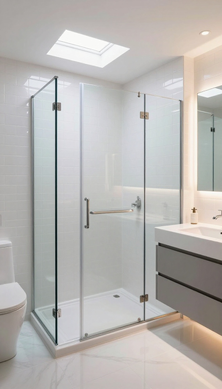 Bright basement shower with a large mirror reflecting light to amplify the space