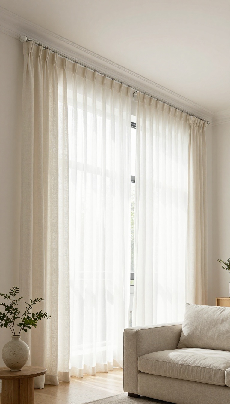 Bright living room with deep white crown molding hiding curtain hardware so linen curtains appear to float from the ceiling